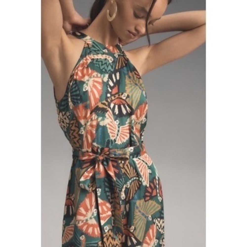 FARM Rio Jumpsuit Green Tropical Butterfly Halter Wide Leg Anthropologie L - Picture 9 of 10